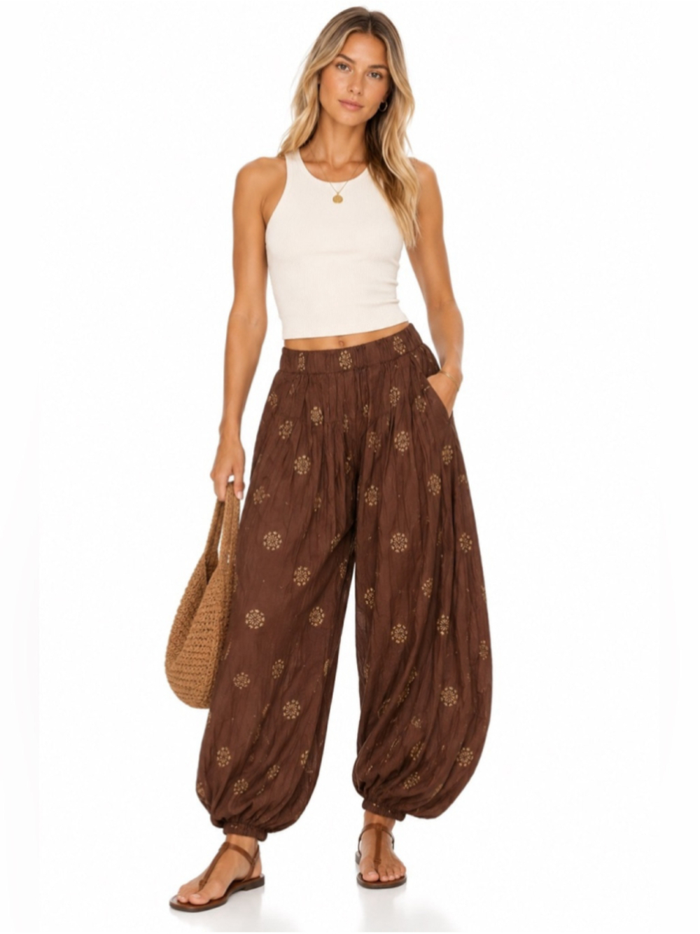 Boho Brown Gold Print Harem Balloon Pants Elastic Waist Pleated
